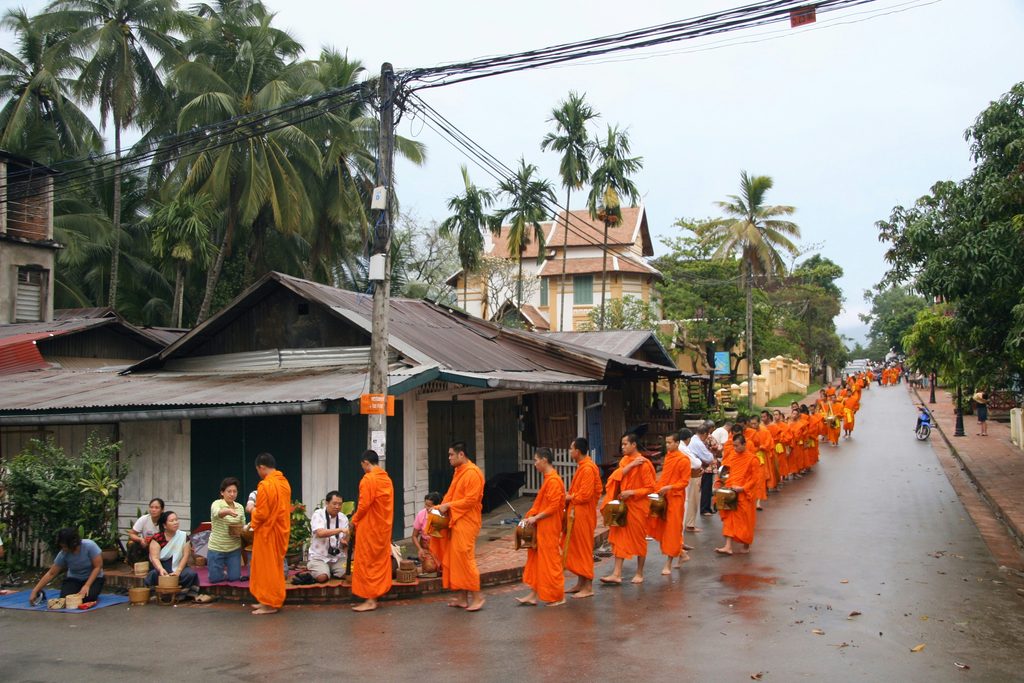 Monks in orange robes participating in a traditional alms-giving ceremony in Luang Prabang, Laos, a cultural highlight of South Asian Gems.