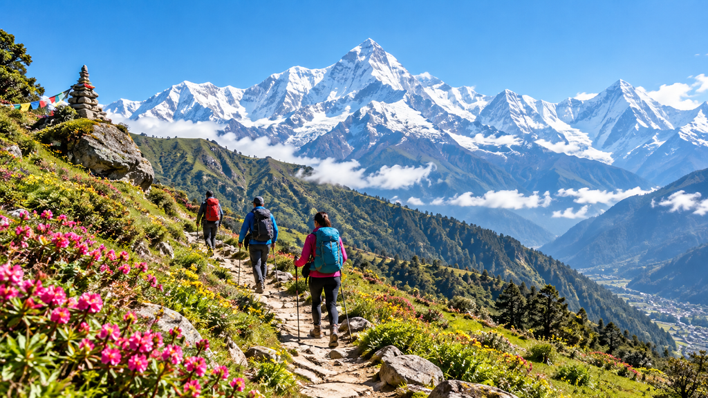 Beginner-friendly Himalayan trek with hikers walking through alpine wildflowers toward snow-capped mountain peaks.