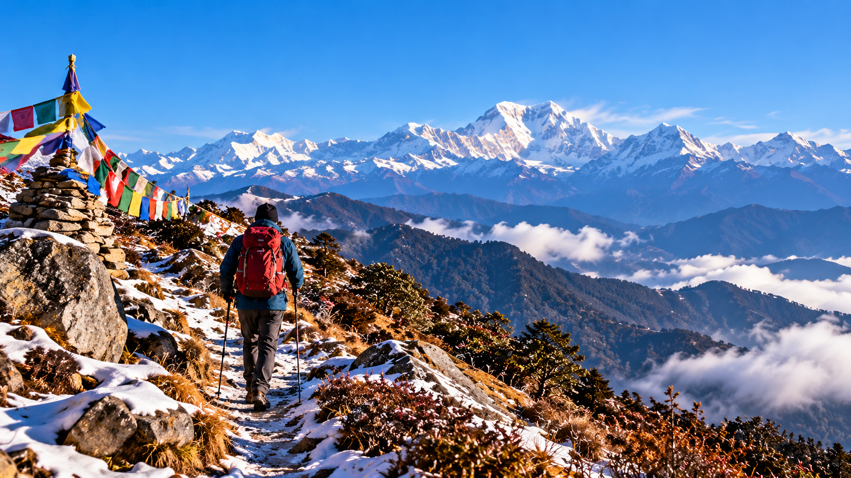 Dzongri Trek in Sikkim with a lone hiker on a snow-dusted mountain trail beside colorful prayer flags, overlooking misty valleys and towering snow-capped Himalayan peaks.