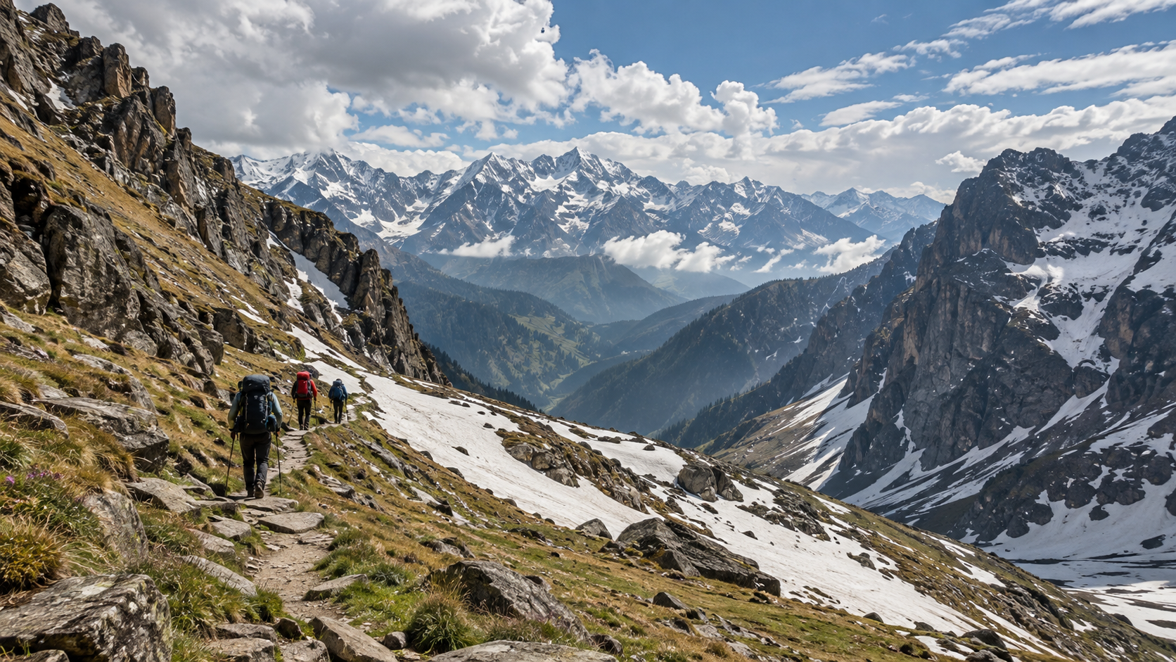 Trekkers hiking through the rugged Rupin Pass trail in Uttarakhand with snow-covered Himalayan peaks, rocky slopes, alpine valleys, and dramatic mountain scenery.