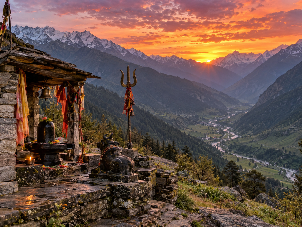 A religious shrine featuring a Shiva Lingam, Nandi statue, and trident overlooks a winding river valley during a vibrant sunset in the Har Ki Dun region.
