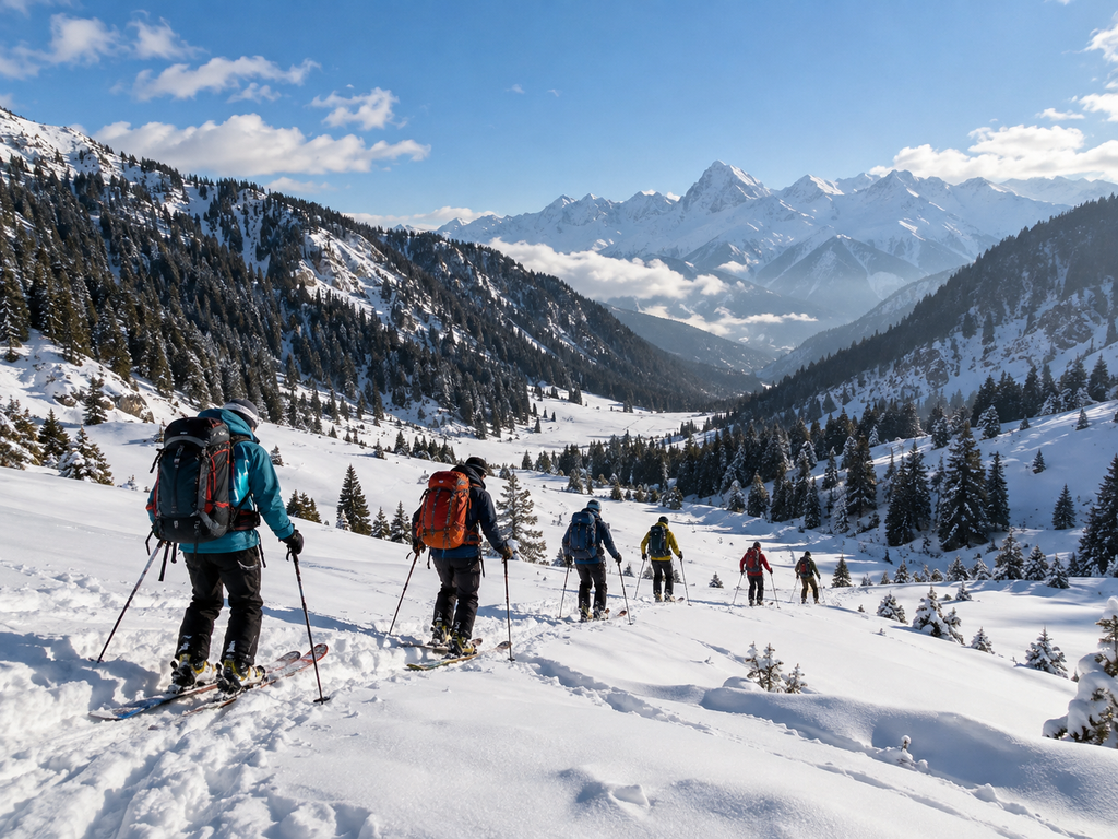 A group of people wearing winter clothing and skis navigate a wide, snow-covered slope in a mountainous region.
