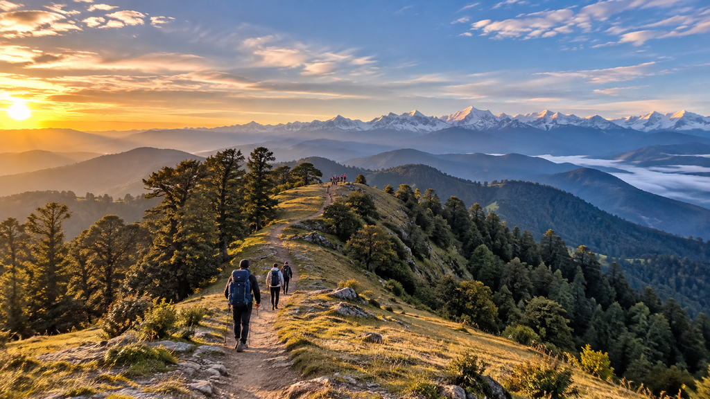 Nag Tibba Trek in Uttarakhand with hikers walking along a scenic mountain ridge overlooking snow-capped Himalayan peaks at sunrise.