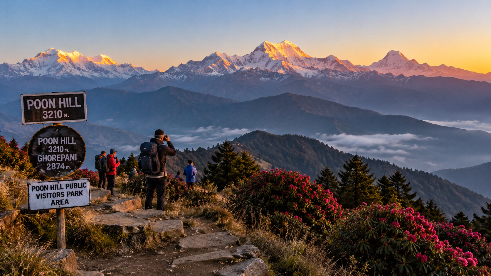 Sunrise view from Poon Hill Trek in Nepal with snow-covered Annapurna and Dhaulagiri mountains, trekkers, rhododendron flowers, and Himalayan scenery.