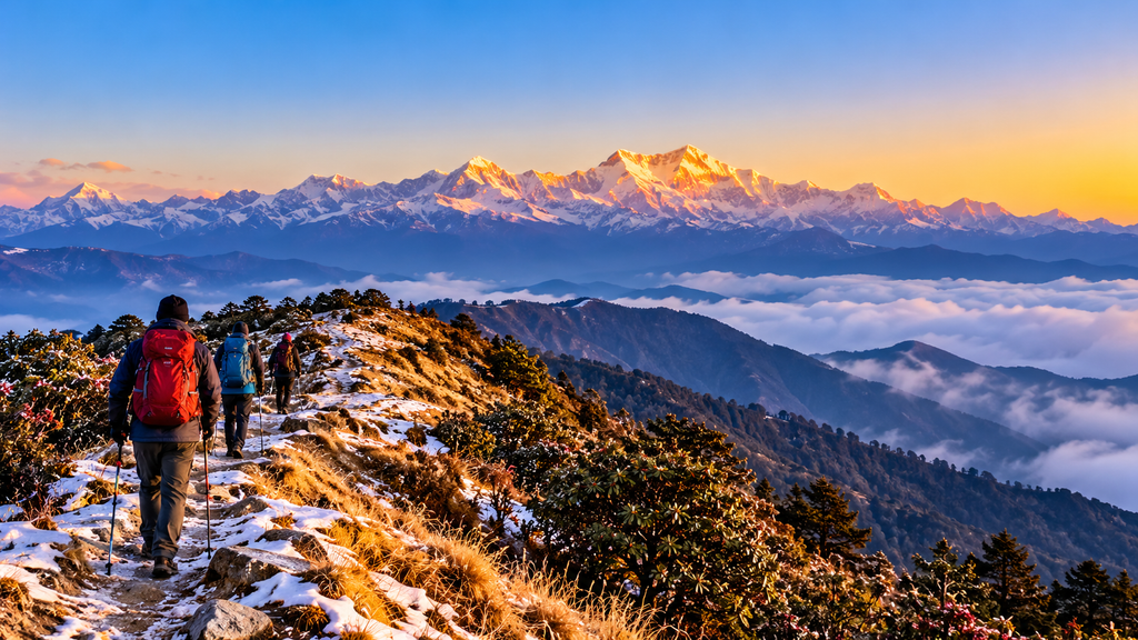Sandakphu Trek in West Bengal with hikers walking along a snow-dusted alpine ridge overlooking glowing Himalayan peaks and cloud-filled valleys at sunrise.