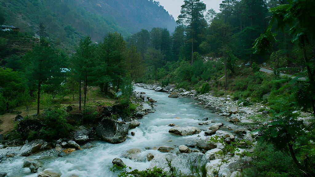 The swift-flowing Tirthan River winding through a lush green valley with dense pine forests in Himachal Pradesh, one of the Underrated Places in India.