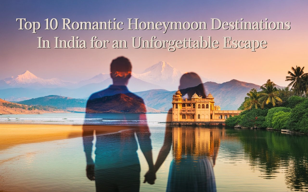 Double-exposure photo showing the silhouettes of a couple holding hands overlaid on a scenic view of a palace, palm trees, mountains, and water, with the title "Top 10 Romantic Honeymoon Destinations In India for an Unforgettable Escape."