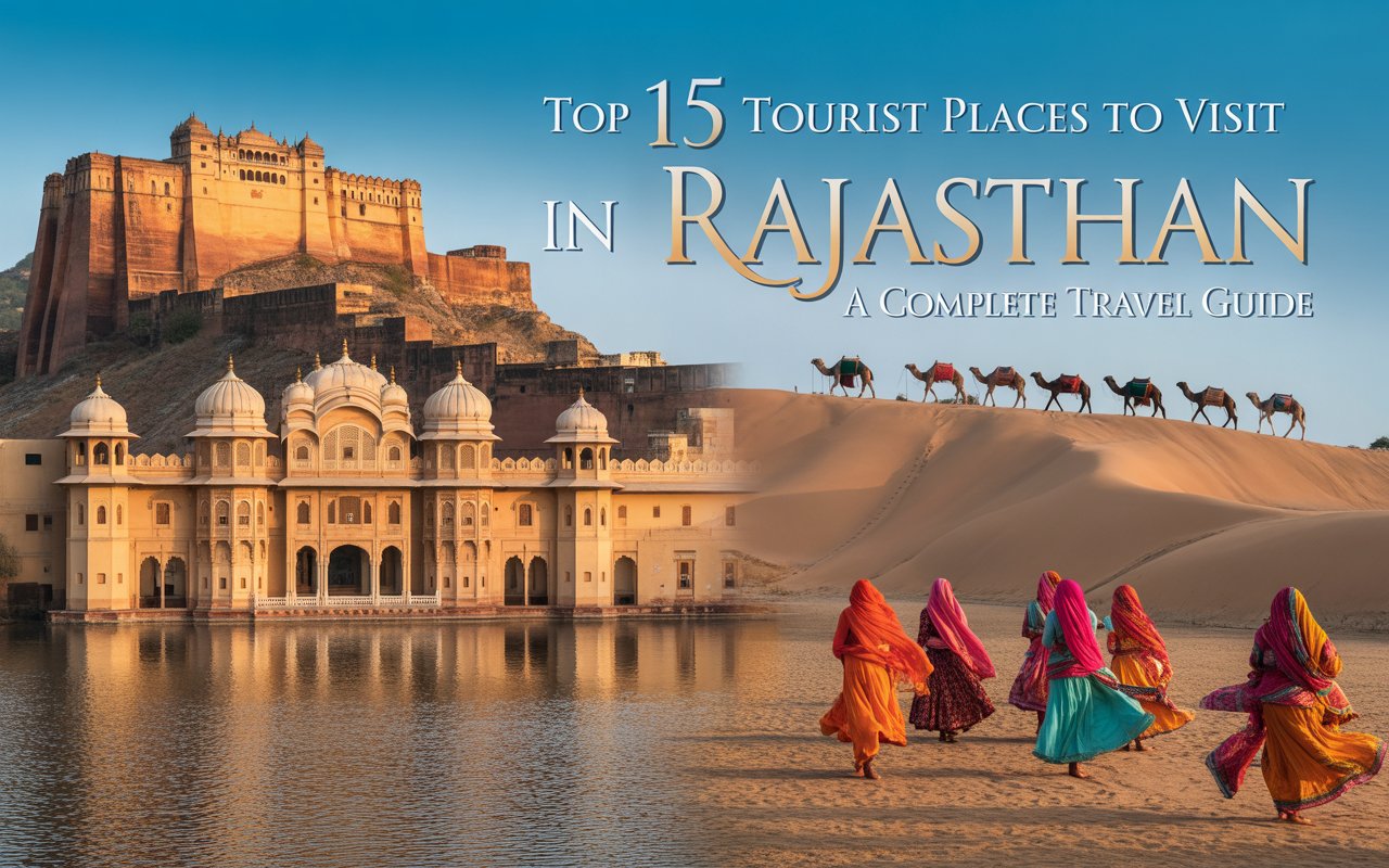 Top 15 Tourist Places to Visit in Rajasthan: Desert palace, camel caravan, golden fort, women in colorful traditional attire, and sacred temple