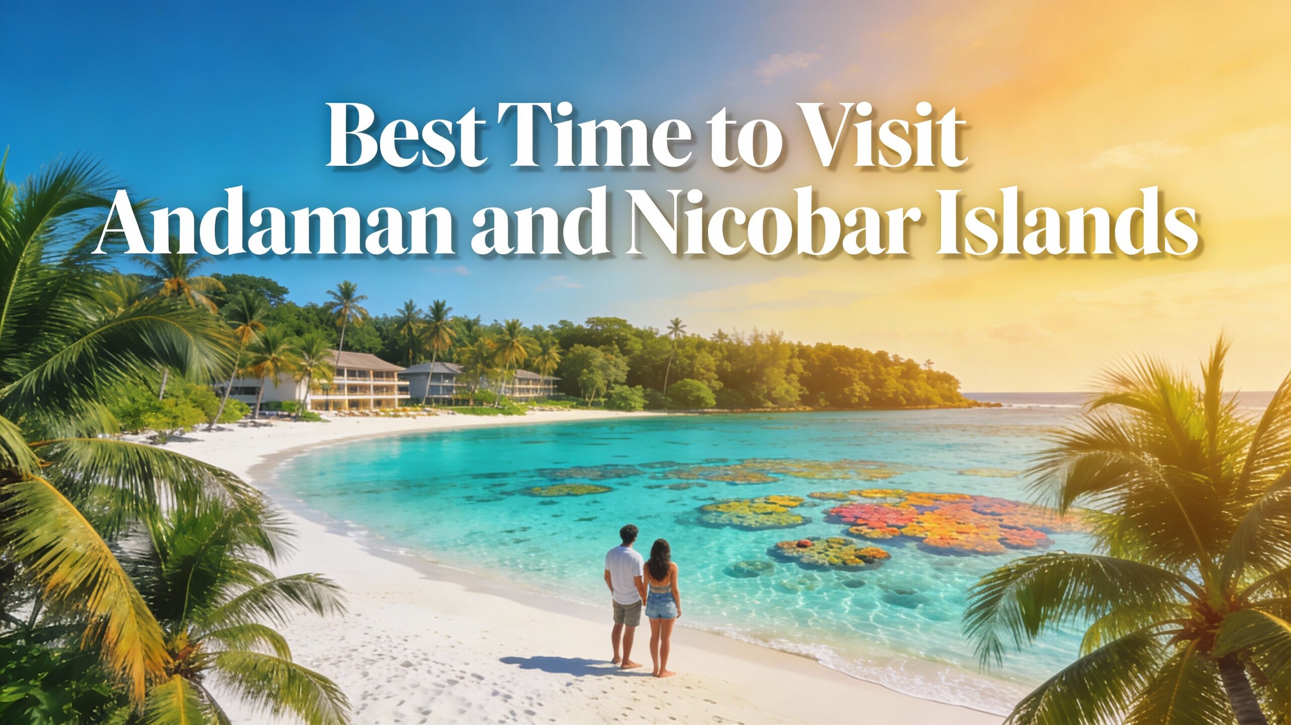 "Turquoise waters and white sandy beach of Andaman and Nicobar Islands with couple enjoying tropical paradise during peak season"